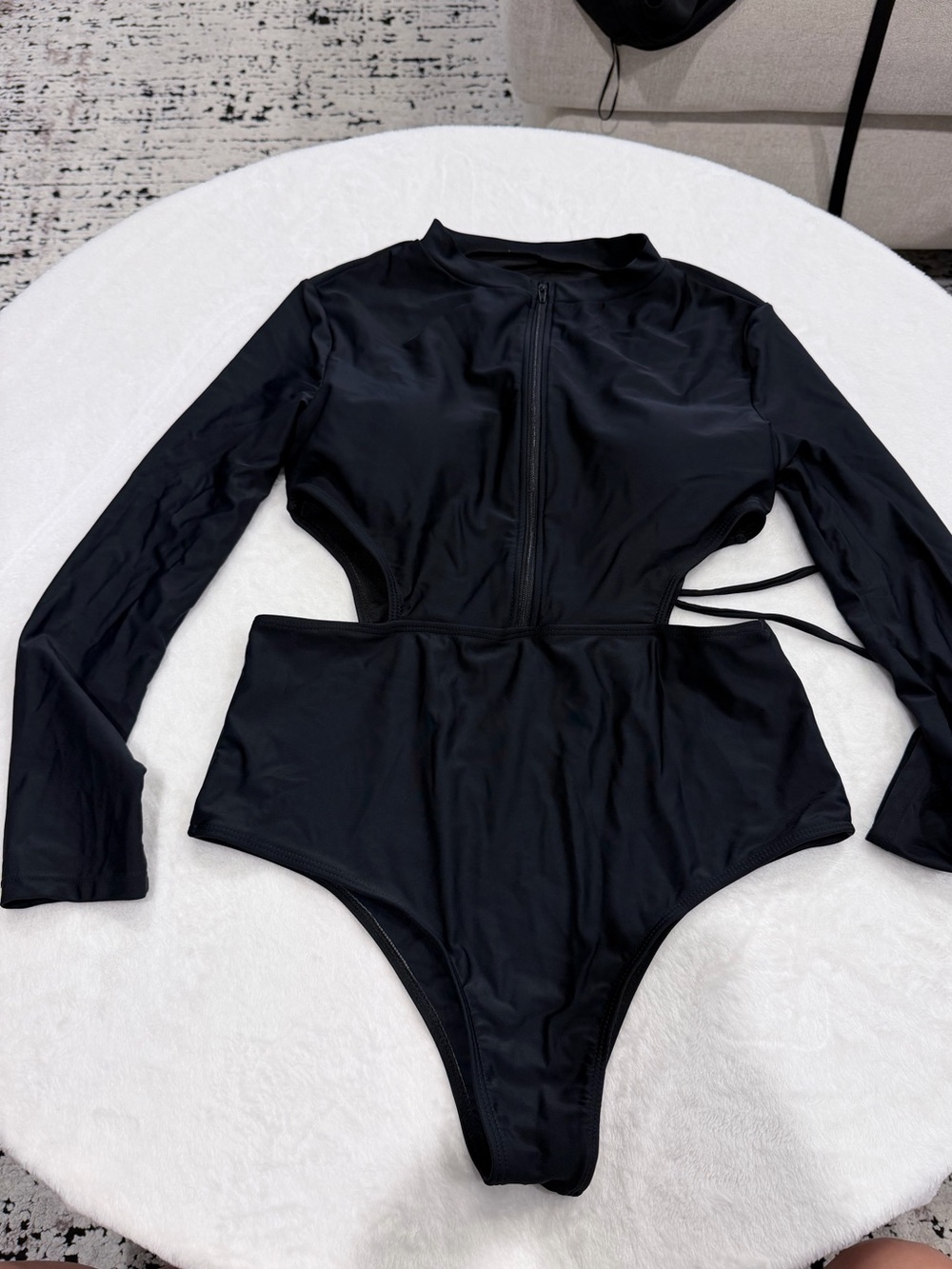 SHEIN Black Long-Sleeve Cutout Zip One-Piece Swimsuit